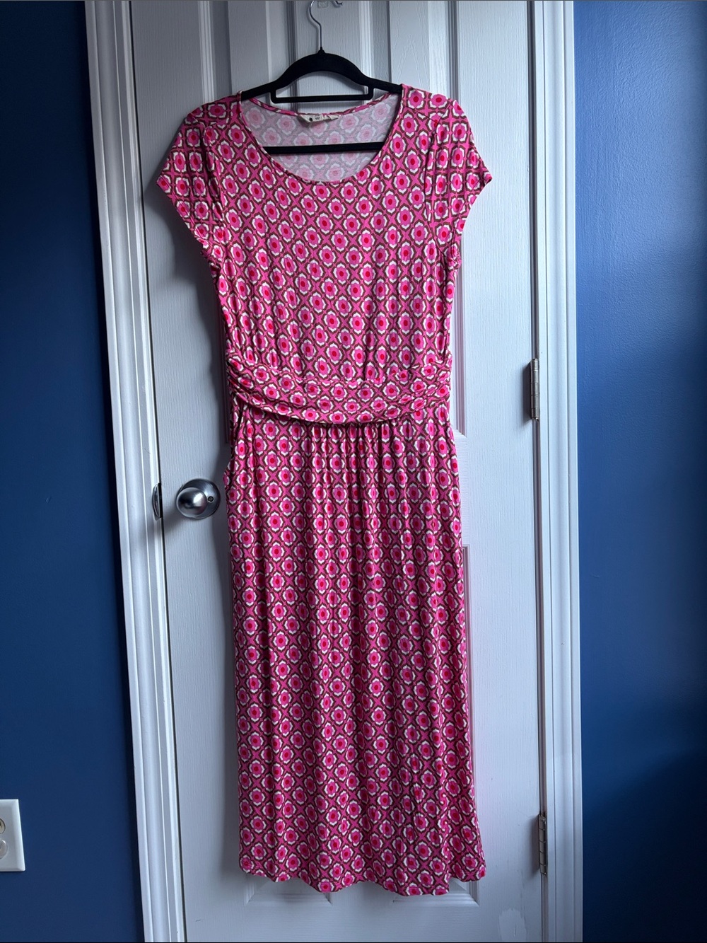 Boden Amelie Jersey Dress Pink Retro Geometric Print Pockets Size 10